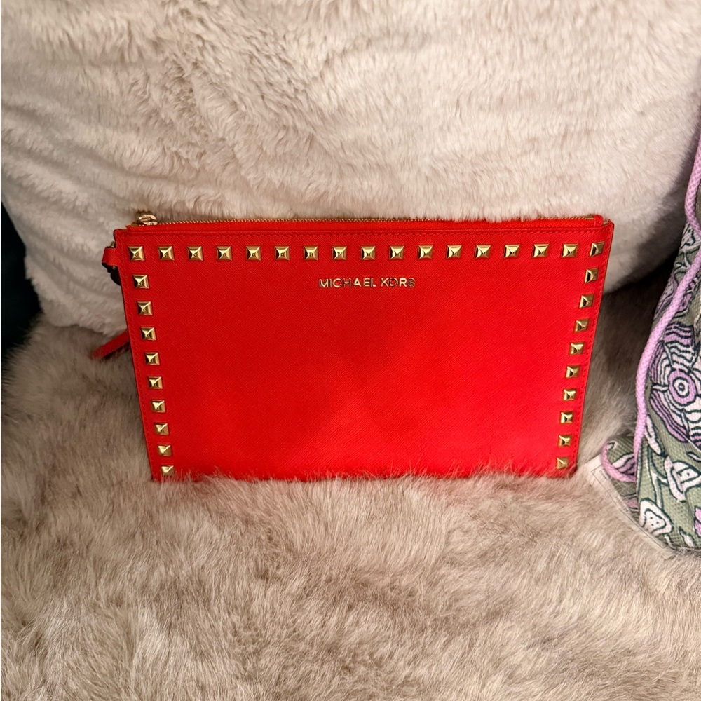 Michael Kors Bright Red Saffiano Studded Wristlet